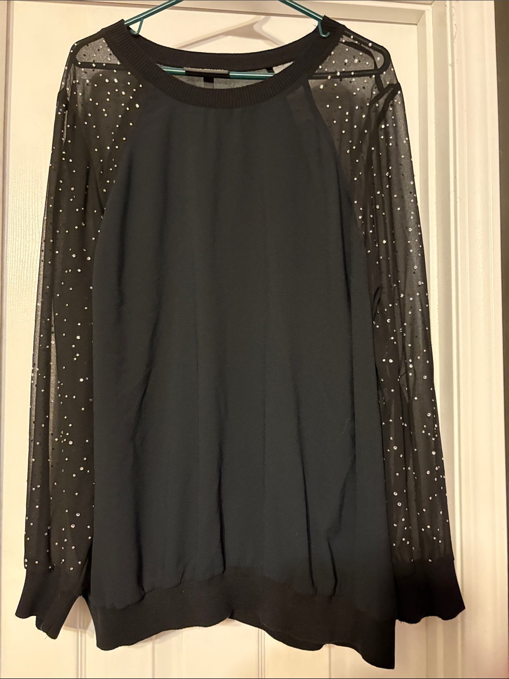 Lane Bryant Black Long-Sleeve Top with Sheer Polka Dot Sleeves